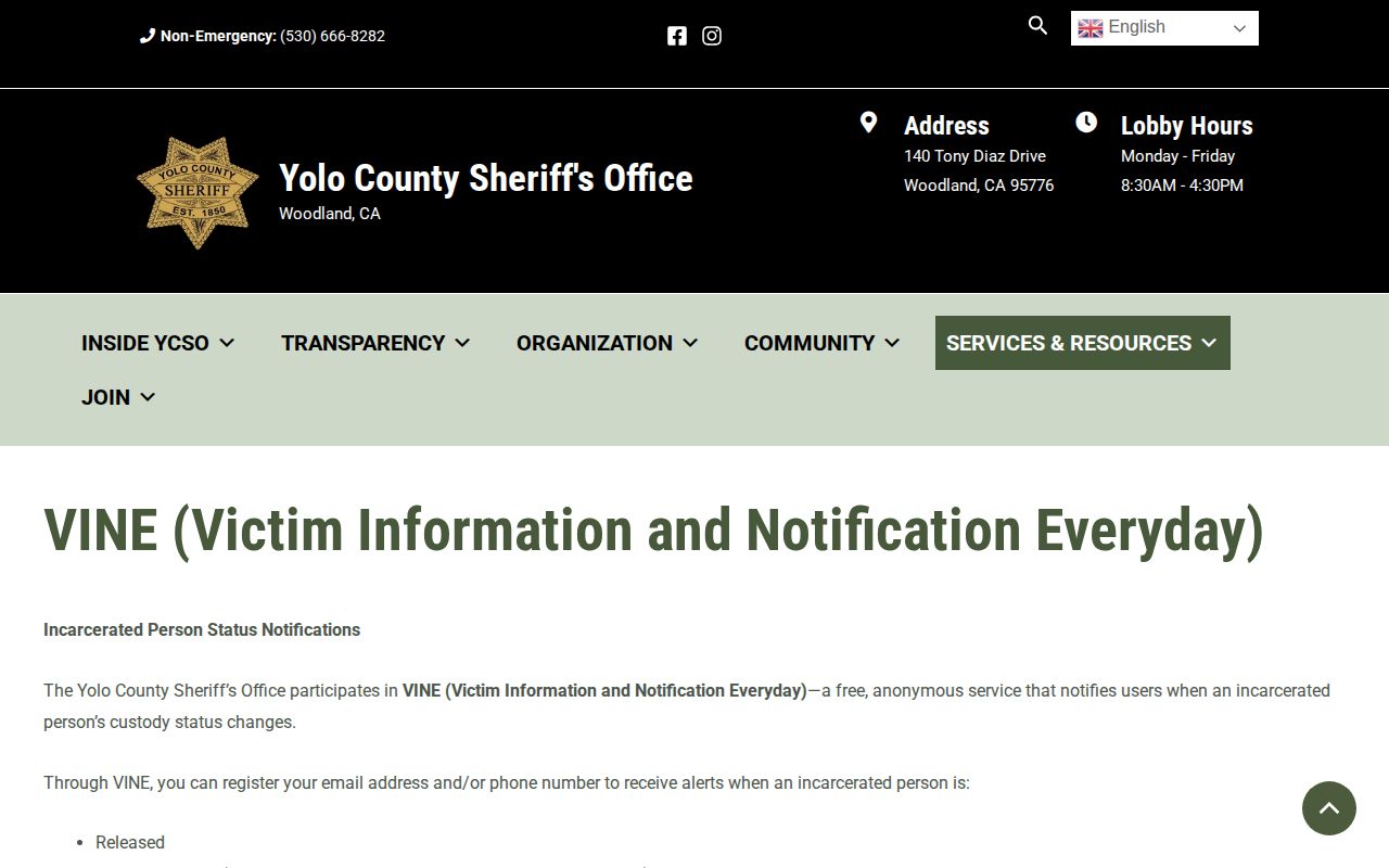 Yolo County VINELink inmate check local VINE release notifications